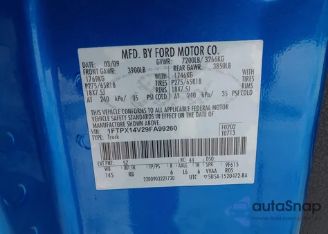 2009 Ford F-150 Fx4/Lariat/Xl/Xlt из США, поврежденный, VIN 1FTPX14V29FA99260